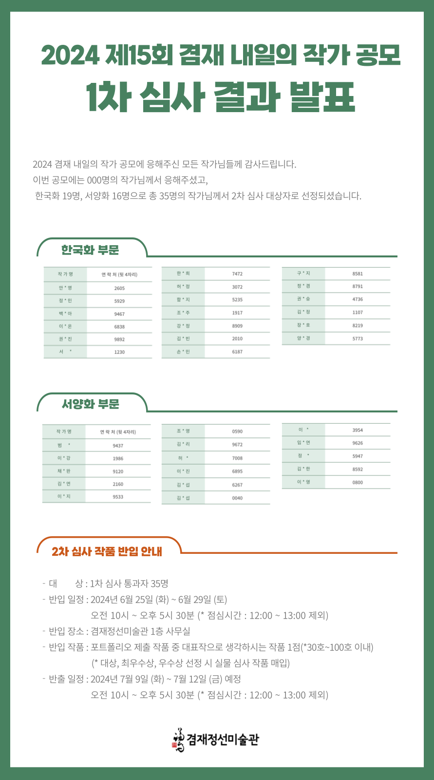 [심사결과공고] 2024 제15회 겸재 내일의 작가 공모 1차 심사 결과 발표